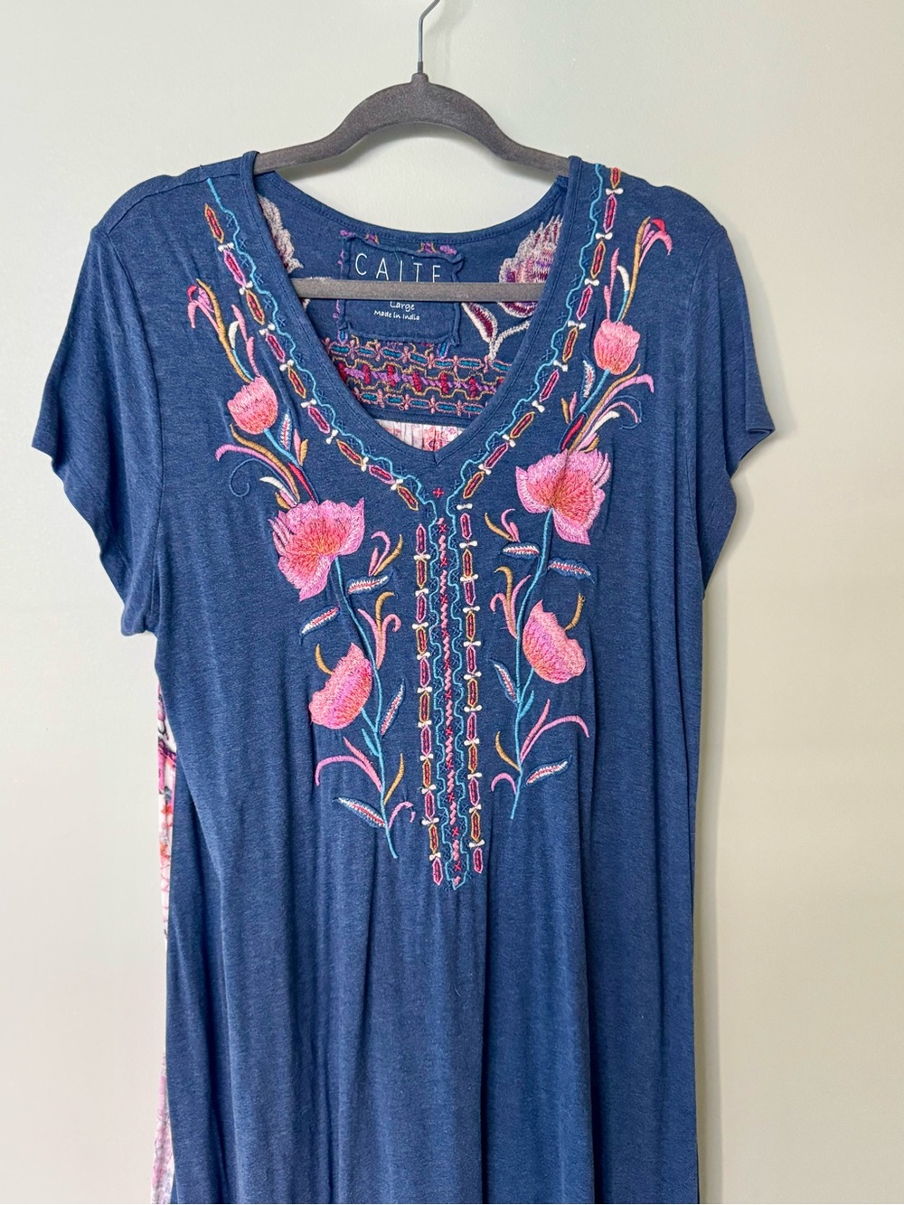 Anthropologie Navy V-Neck Dress with Pink Floral Embroidery